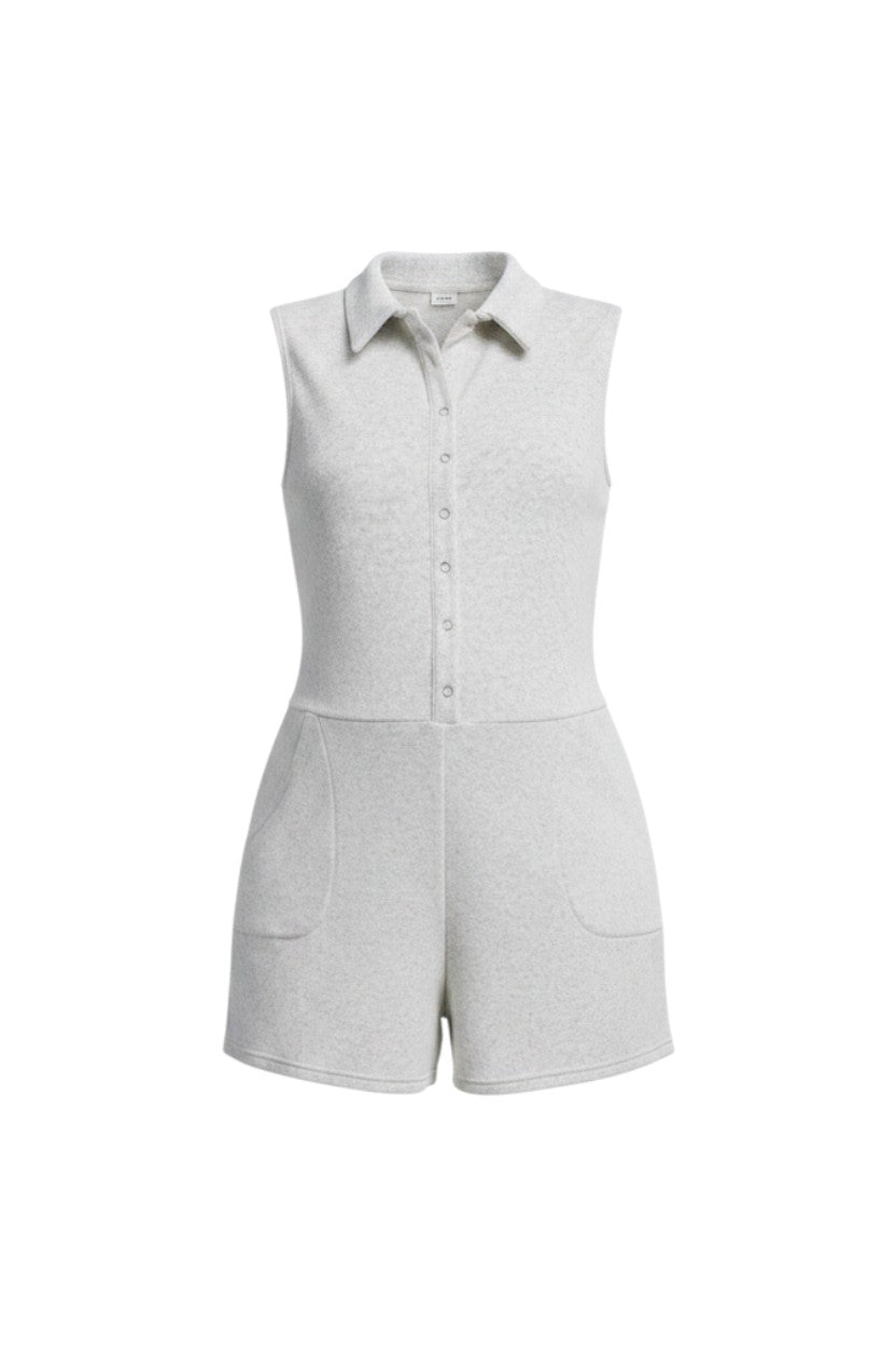 Mom & Me Boutique light grey sleeveless maternity romper with a button-front collar and side pockets.