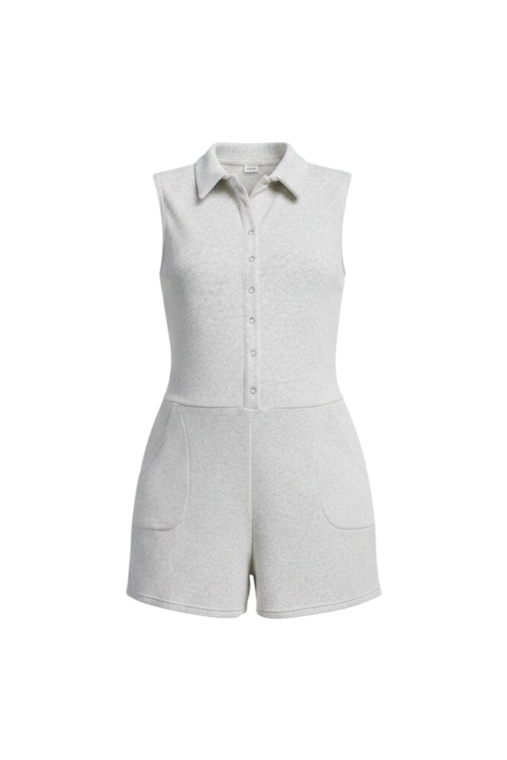 Mom & Me Boutique light grey sleeveless maternity romper with a button-front collar and side pockets.