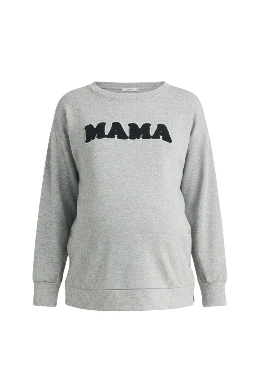 Mom & Me Boutique grey crew neck maternity nursing sweatshirt with black Mama patch and side button details