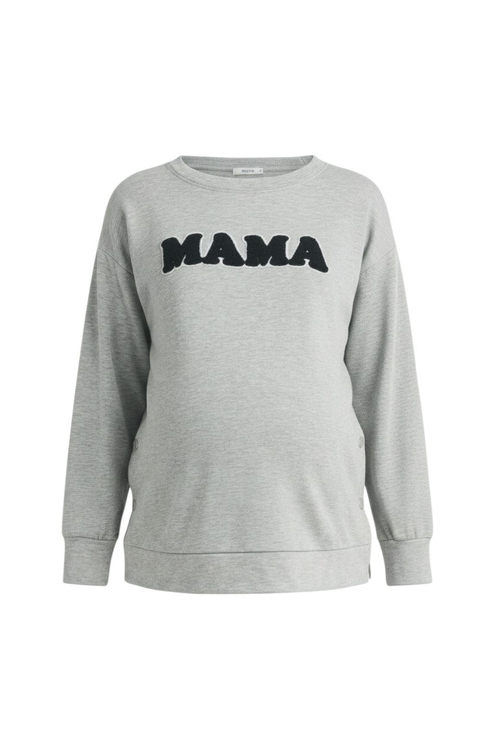 Mom & Me Boutique grey crew neck maternity nursing sweatshirt with black Mama patch and side button details