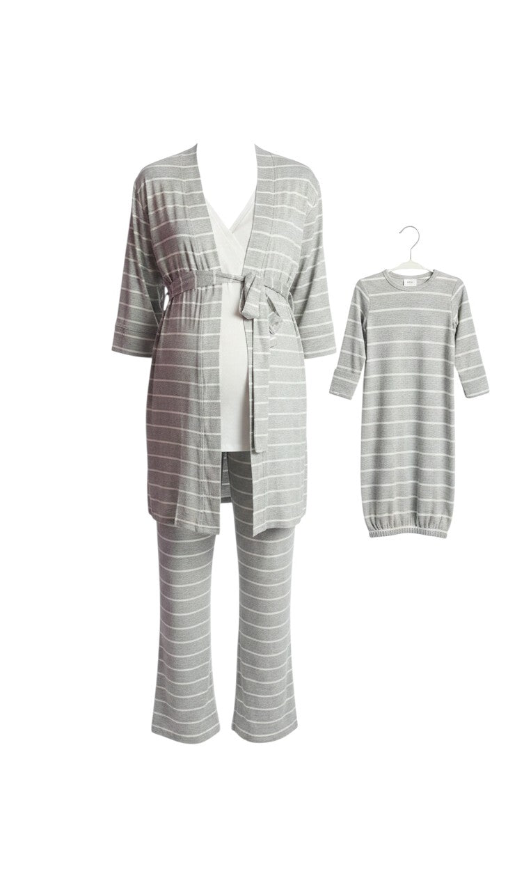 Mom & Me Boutique 5-piece grey stripe maternity nursing set with matching newborn gown and hat in soft rayon spandex.