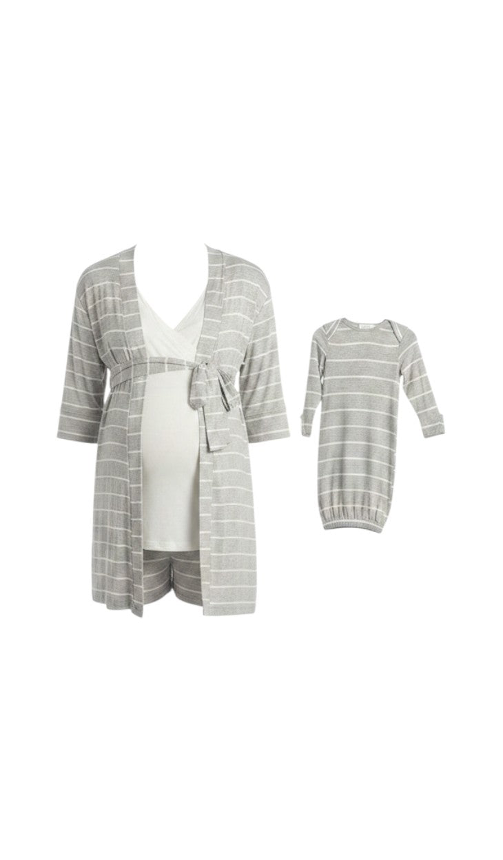 Mom & Me Boutique 5-piece grey stripe maternity nursing set with matching newborn gown and hat in soft rayon spandex.