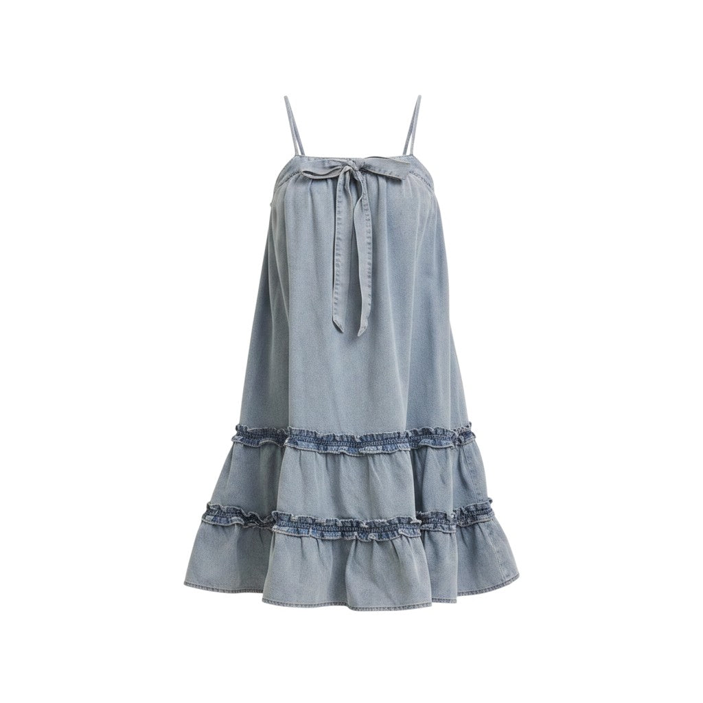Mom & Me Boutique Harlee denim washed knee-length babydoll dress with spaghetti straps and front bow detail.