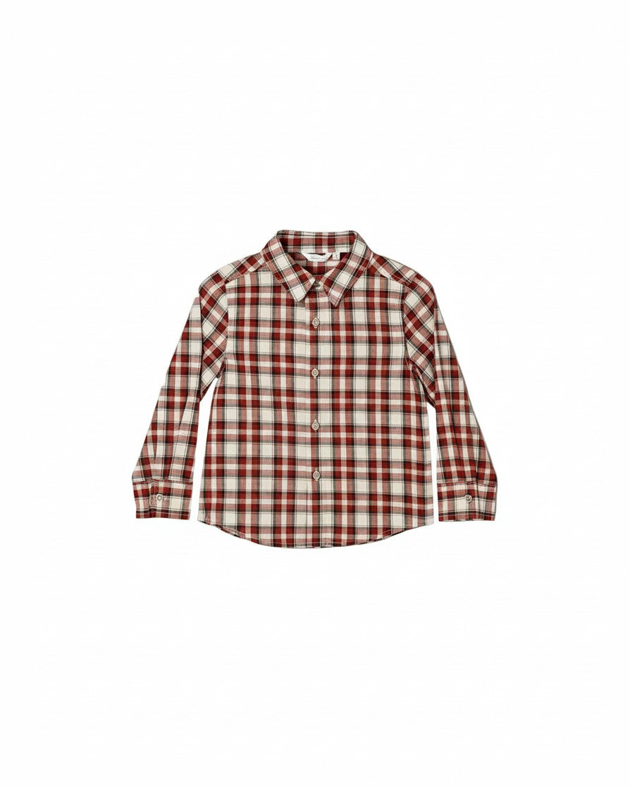 Mom & Me Boutique Harrison button down shirt in a red and white holiday tartan plaid pattern with long sleeves