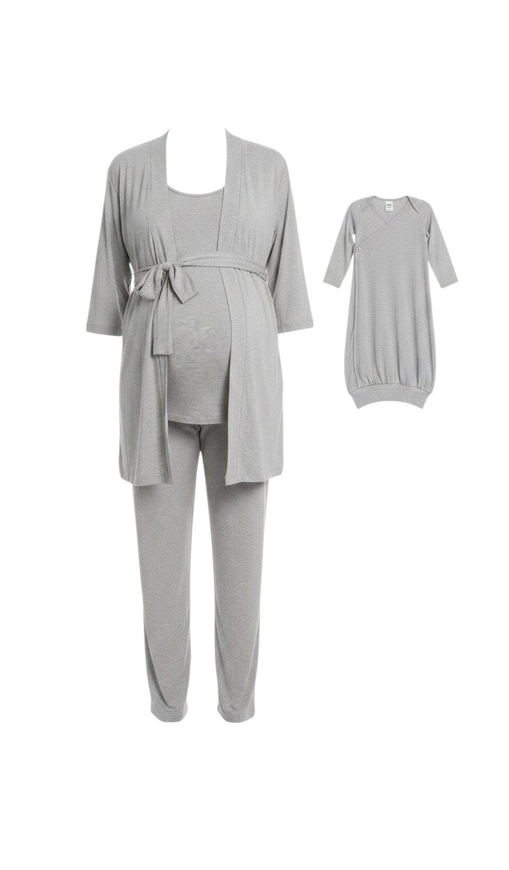Mom & Me Boutique 5-piece heather grey maternity nursing set with matching newborn gown and hat in soft rayon spandex