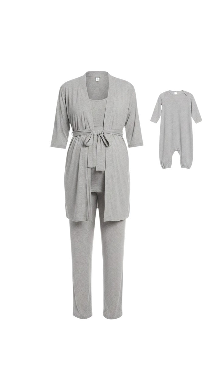 Mom & Me Boutique 5-piece heather grey maternity nursing set with matching newborn gown and hat in soft rayon spandex.