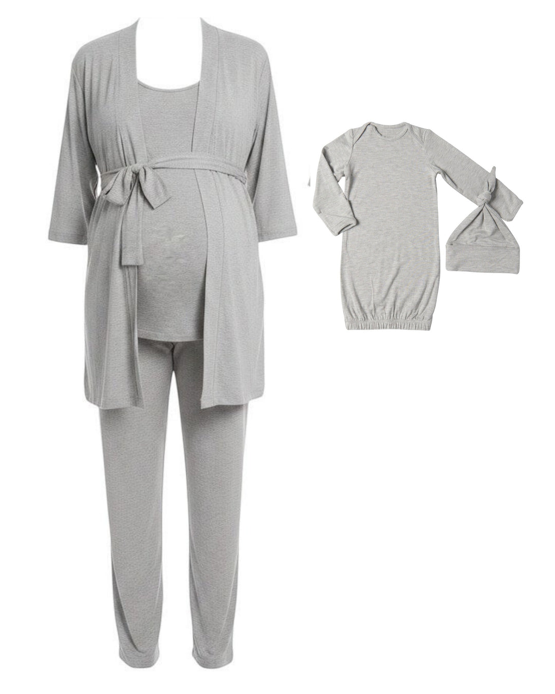 Mom & Me Boutique heather grey 5-piece maternity nursing set with matching newborn gown and knotted hat