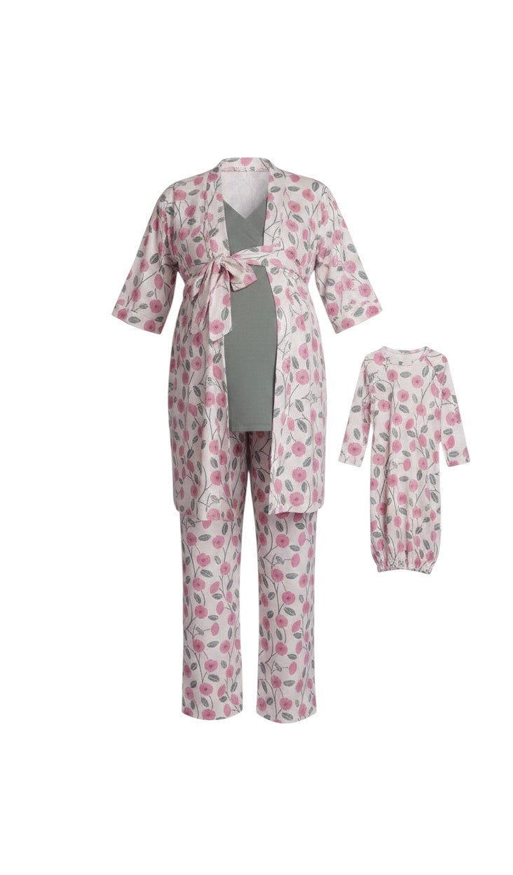 Mom & Me Boutique 5-piece Honey Bloom maternity nursing set with floral robe, top, pants, newborn gown, and hat.