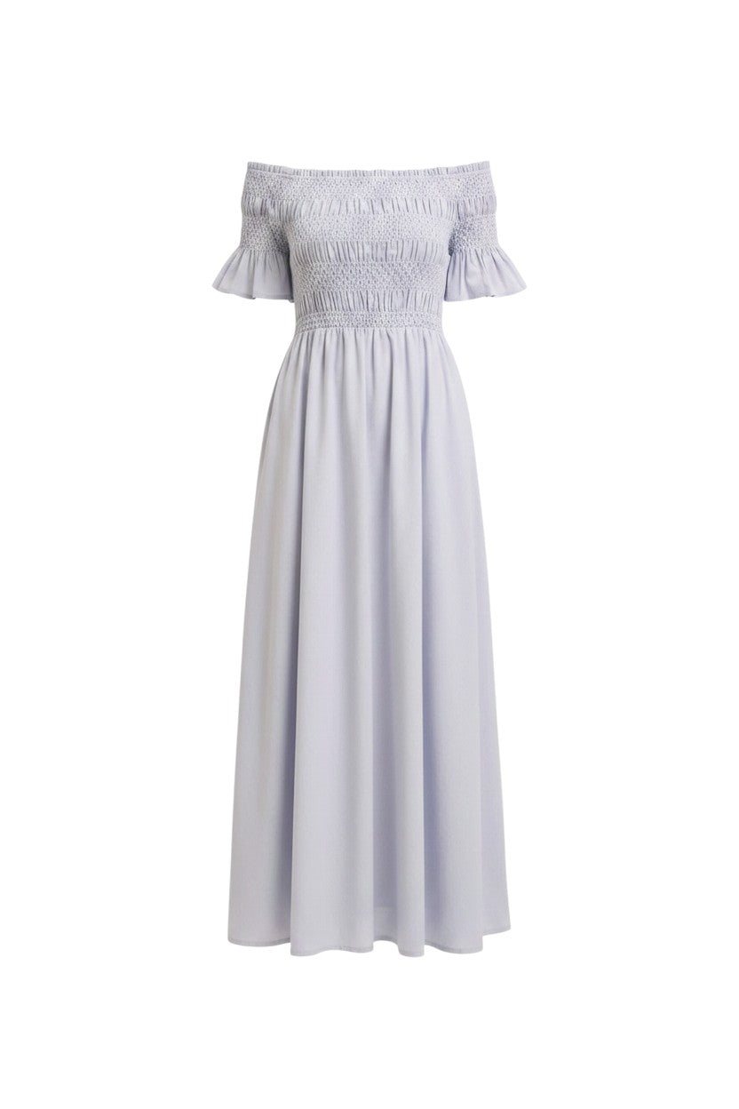 Mom & Me Boutique ice blue linen blend off-shoulder maxi dress with smocked bust and ruffled sleeves