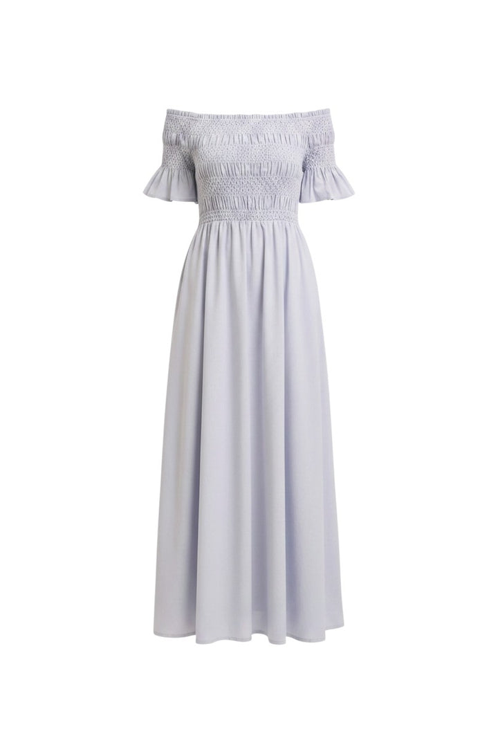 Mom & Me Boutique ice blue linen blend off-shoulder maxi dress with smocked bust and ruffled sleeves