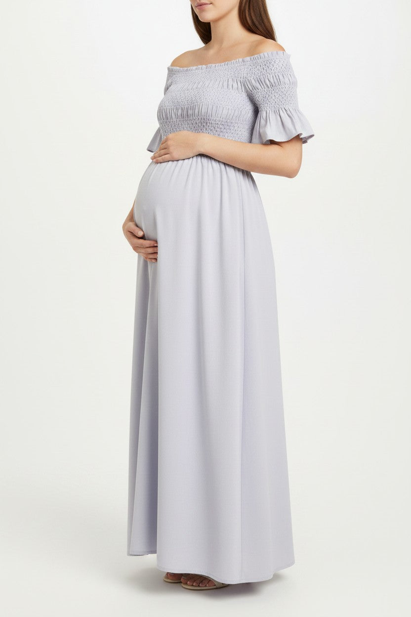 Mom & Me Boutique ice blue off-shoulder linen blend maternity maxi dress with smocked bust and ruffled sleeves