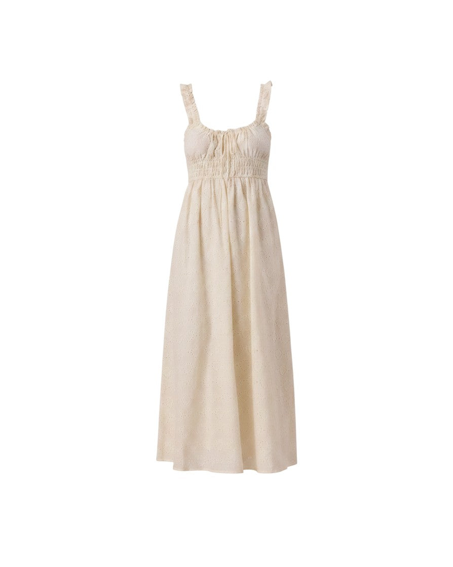 Mom & Me Boutique ivory Jane dress in heart eyelet cotton with ruffled straps and a smocked shirred waist.