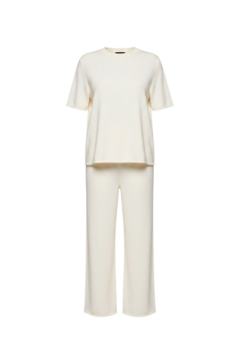Mom & Me Boutique ivory knit women's set featuring a short-sleeve top and wide-leg pants with rolled-edge details.