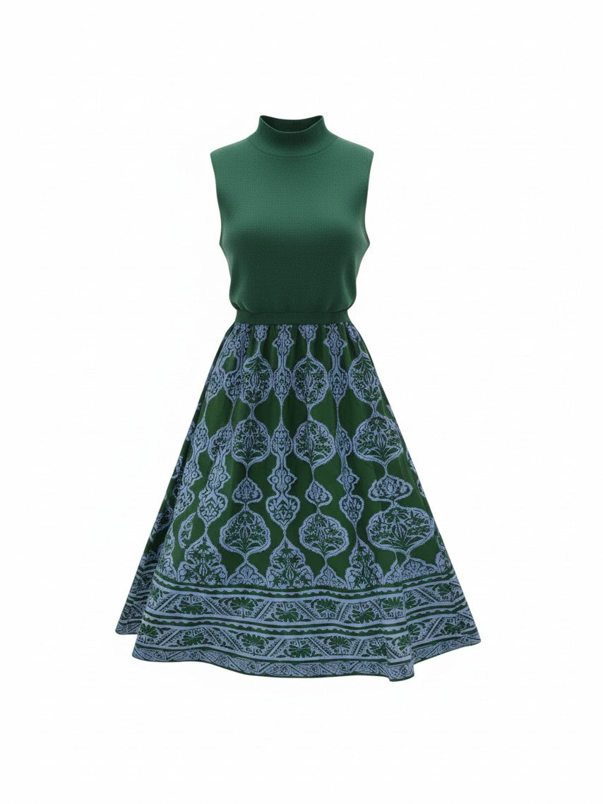 Mom & Me Boutique Izabella green sleeveless dress with a high neck and a blue patterned flared skirt.