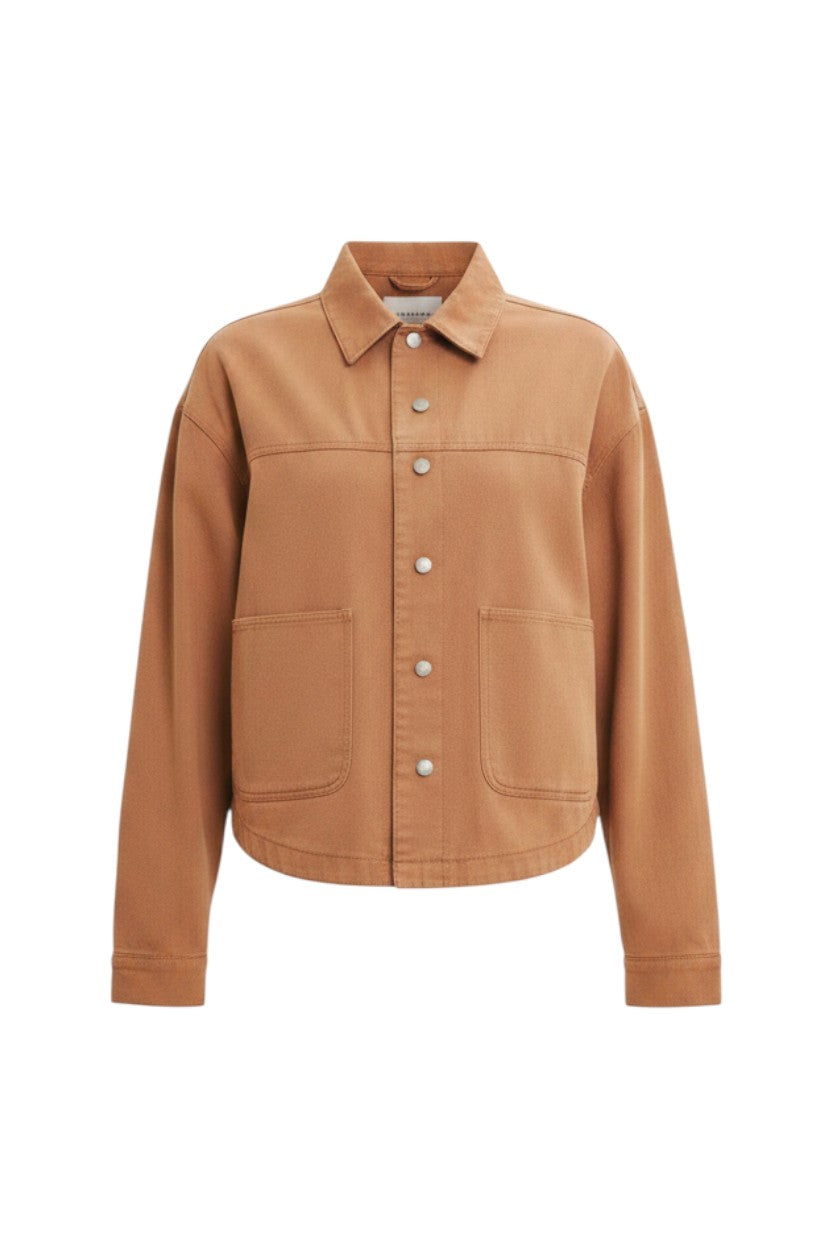 Mom & Me Boutique Jessie utility jacket in vintage camel cotton twill with oversized fit and button front