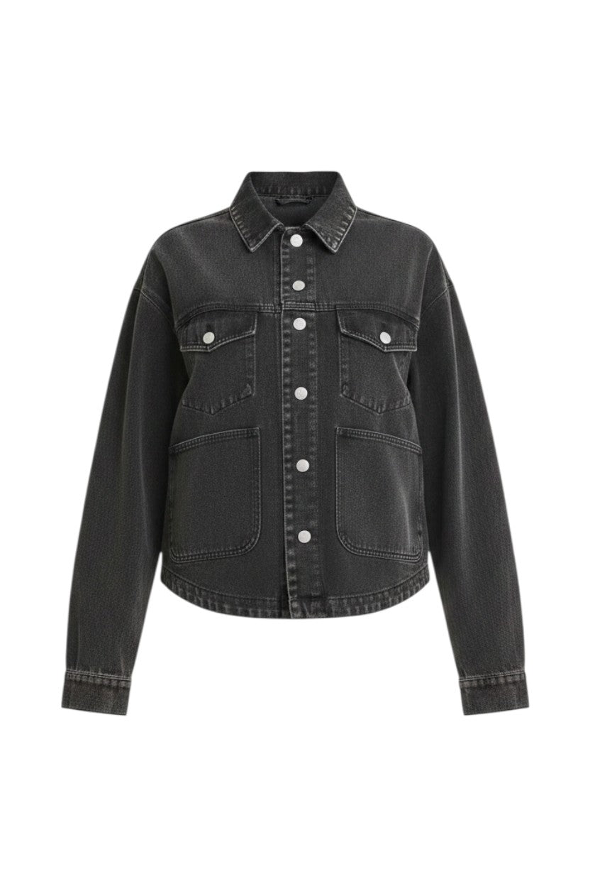 Mom & Me Boutique Jessie jacket in vintage black cotton twill with an oversized fit and button-front closure.