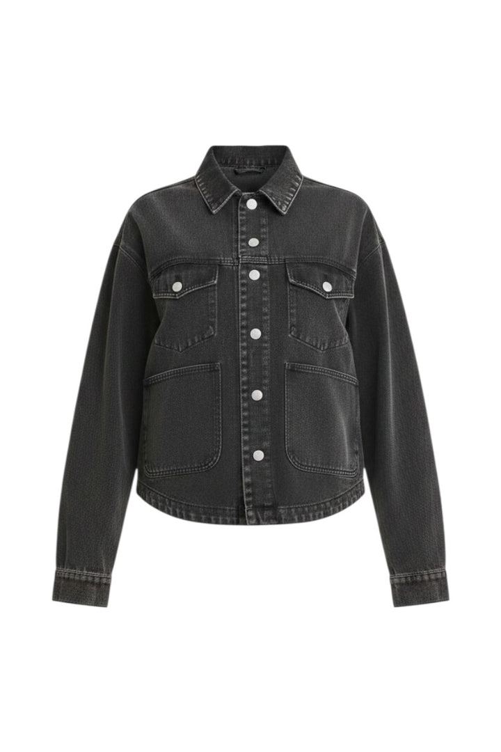 Mom & Me Boutique Jessie jacket in vintage black cotton twill with an oversized fit and button-front closure.
