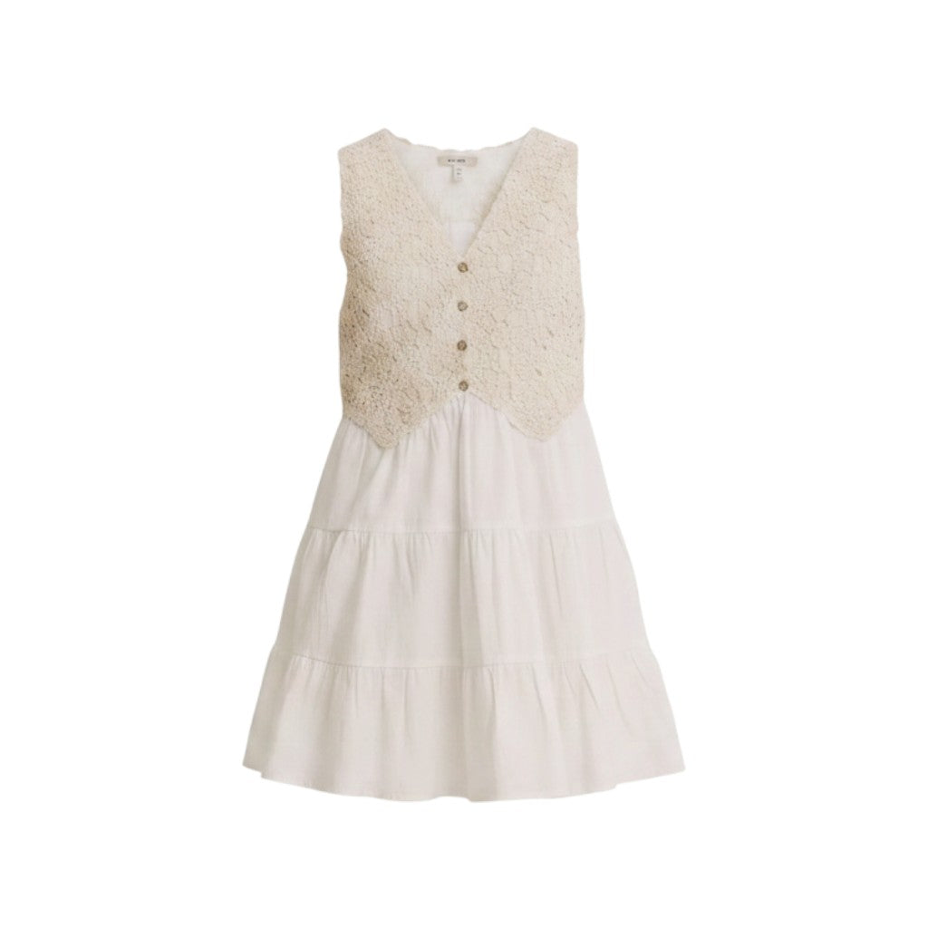 Mom & Me Boutique Juliette mini dress featuring a cream crochet bodice with faux buttons and a white tiered skirt.
