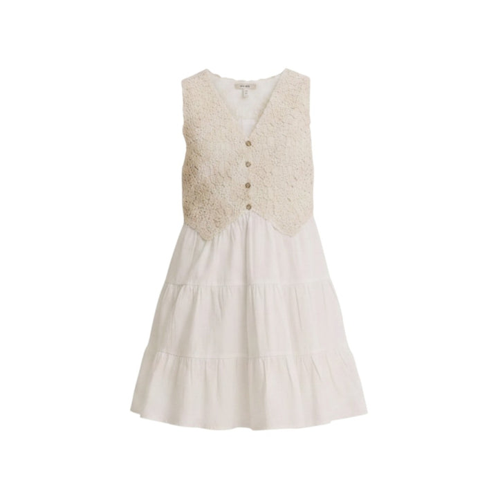 Mom & Me Boutique Juliette mini dress featuring a cream crochet bodice with faux buttons and a white tiered skirt.