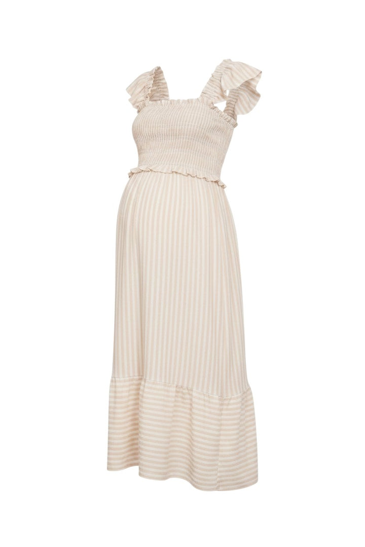 Mom & Me Boutique light khaki striped midi dress with smocked bodice, ruffle trim sleeves, and a tiered skirt.