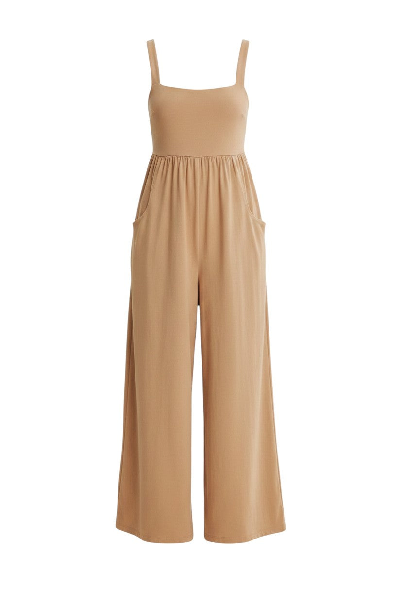 Mom & Me Boutique Nova wide-leg cotton knit jumpsuit in latte with a square neckline and side pockets.