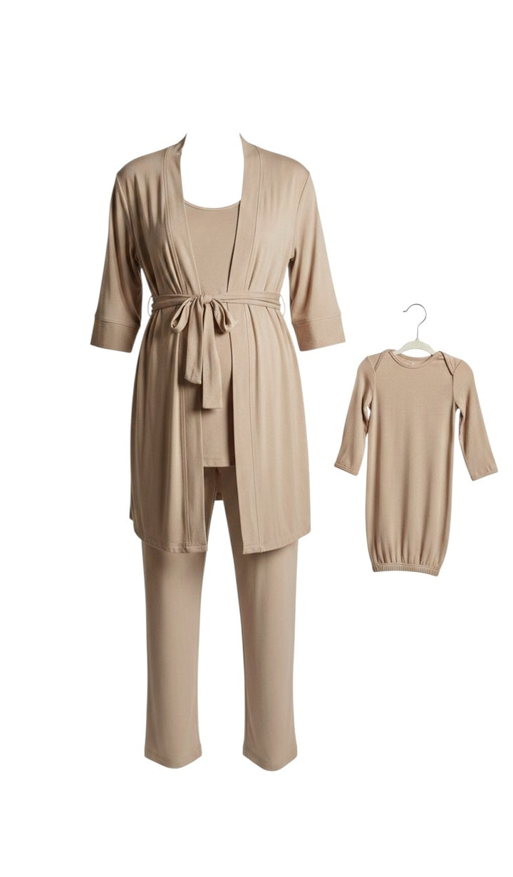 Mom & Me Boutique 5-piece latte maternity and newborn matching loungewear set in soft rayon spandex