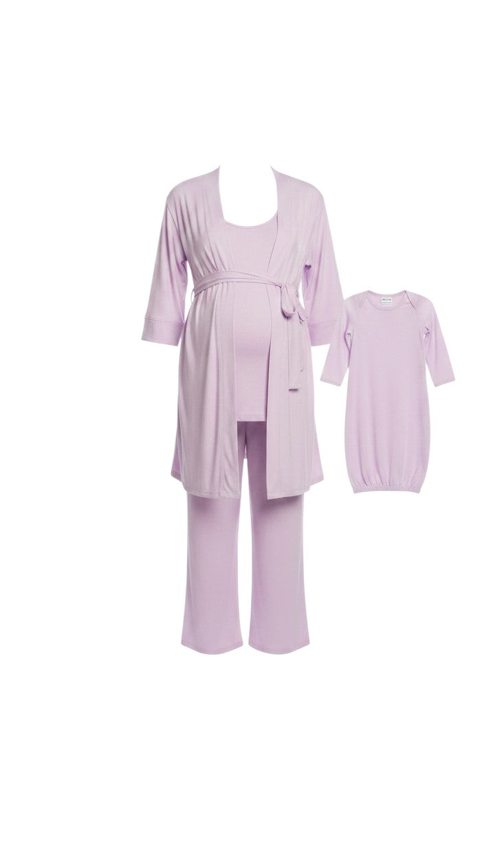 Mom & Me Boutique 5-piece lavender maternity nursing set with robe, top, pants, baby gown, and matching hat.