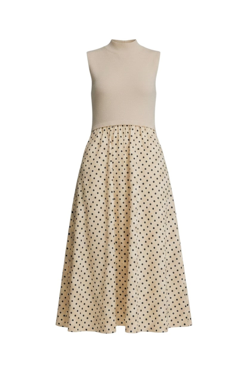 Mom & Me Boutique Leelee midi dress in ecru with a sleeveless knit bodice and a polka dot woven skirt