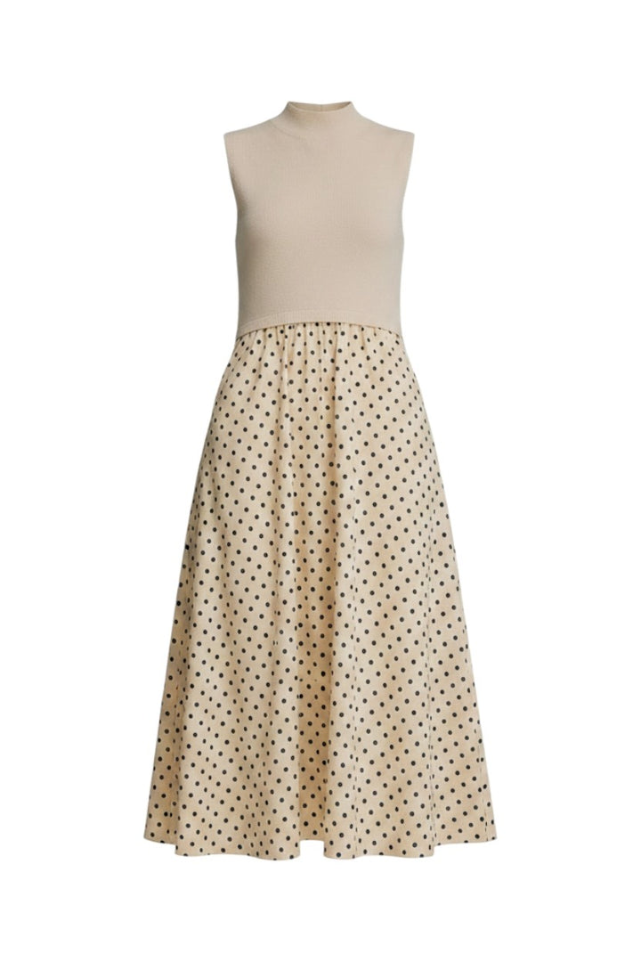 Mom & Me Boutique Leelee midi dress in ecru with a sleeveless knit bodice and a polka dot woven skirt