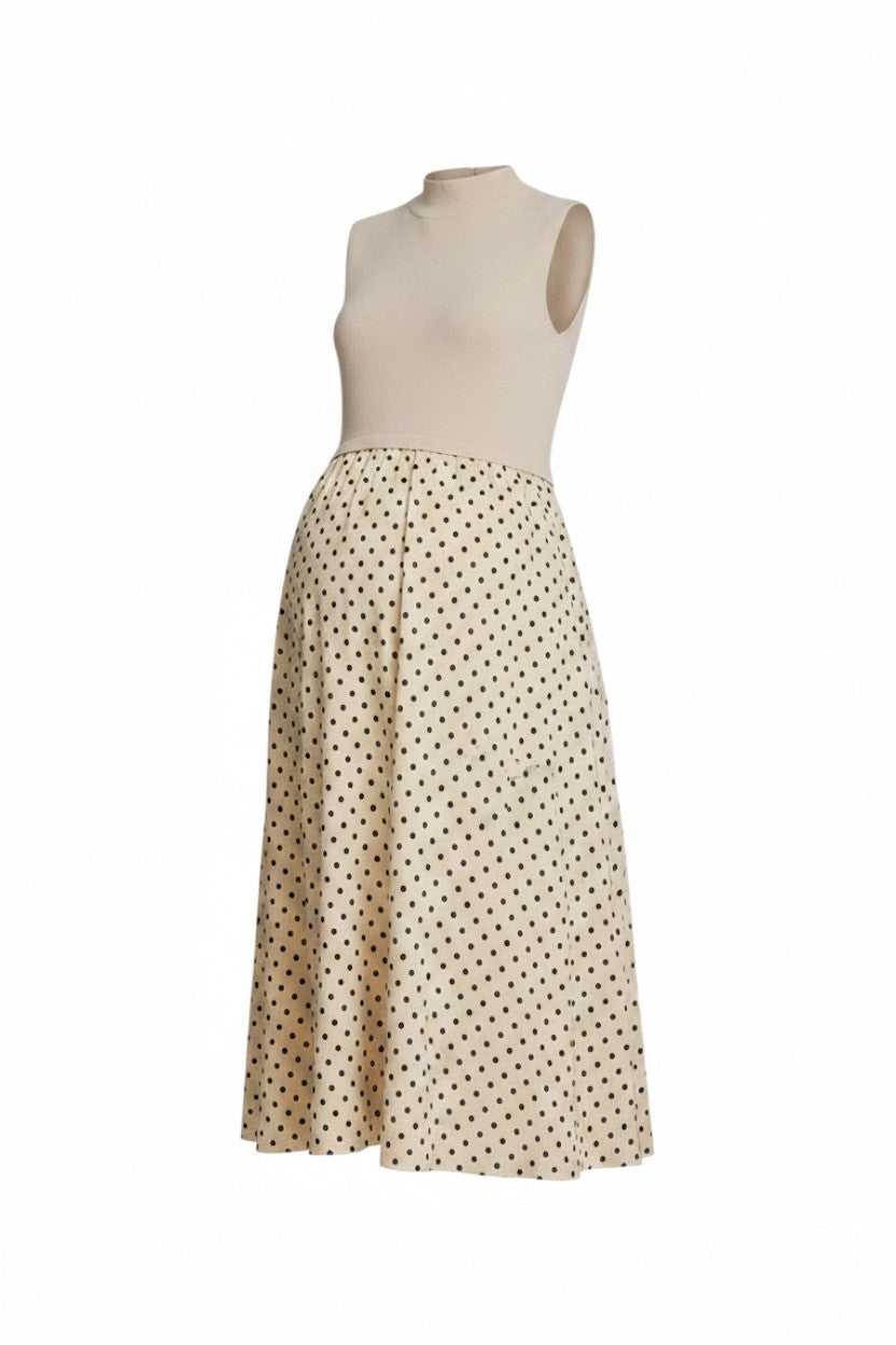 Mom & Me Boutique Leelee midi dress in ecru with a solid knit mock neck bodice and polka dot woven skirt.