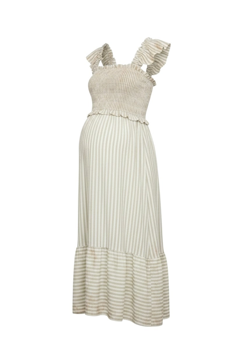 Mom & Me Boutique light olive striped midi dress with smocked bodice and ruffle trim straps for maternity wear