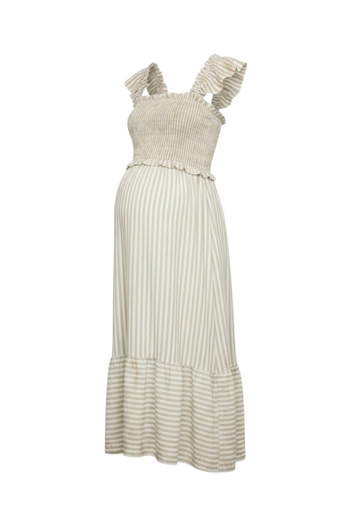 Mom & Me Boutique light olive striped midi dress with smocked bodice and ruffle trim straps for maternity wear
