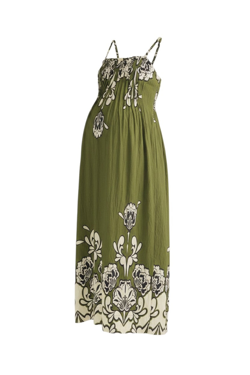 Mom & Me Boutique Lillie sleeveless maxi dress in olive green with a white floral print and straight neckline