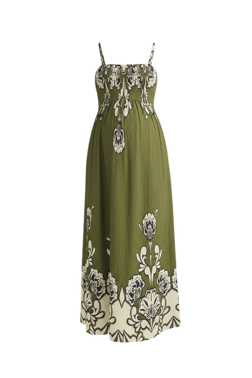 Mom & Me Boutique Lillie sleeveless maxi dress in olive green with a floral print, straight neckline, and smocked back