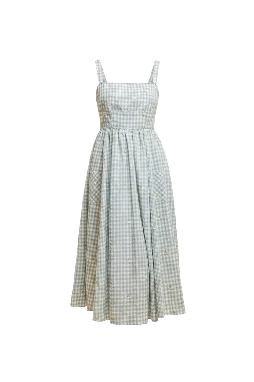 Mom & Me Boutique Giselle maxi dress in lily pad green gingham cotton with floral embroidery and scalloped lace trim.