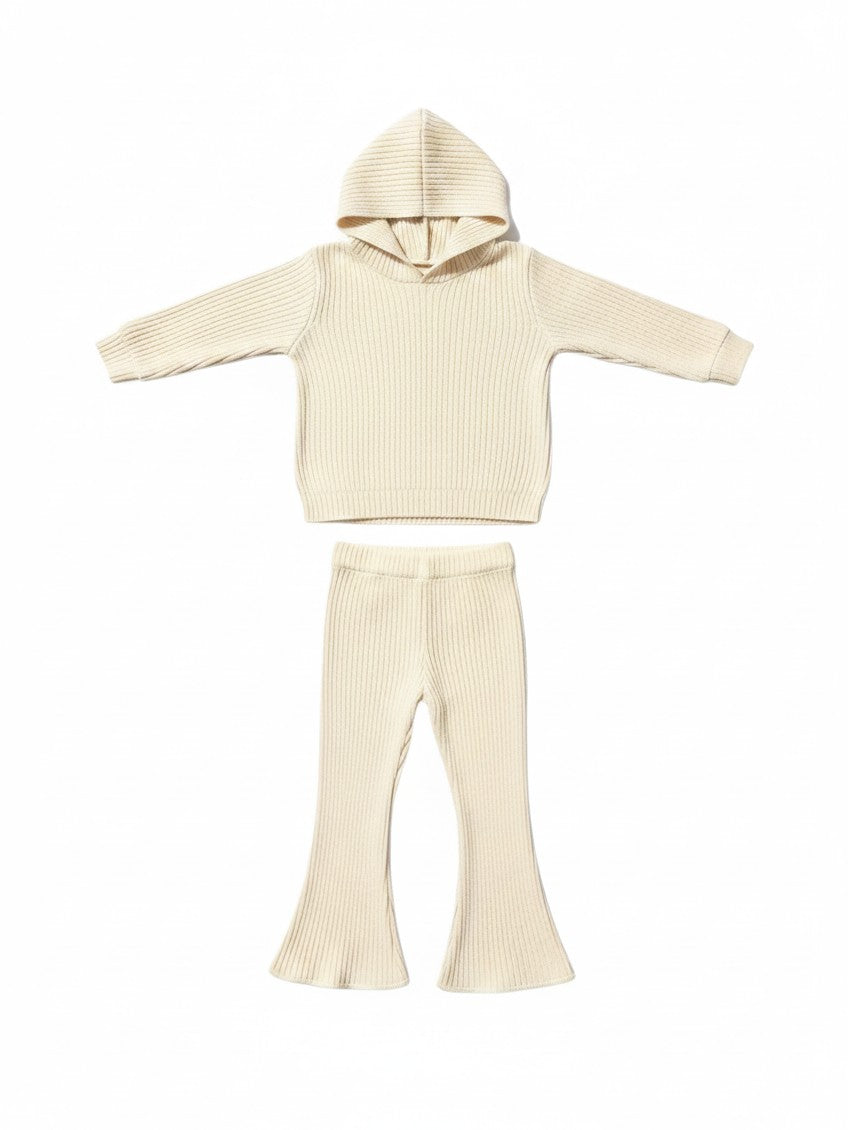 Mom & Me Boutique Lyla Set featuring a cream ribbed hooded long-sleeve shirt and matching flared leggings.