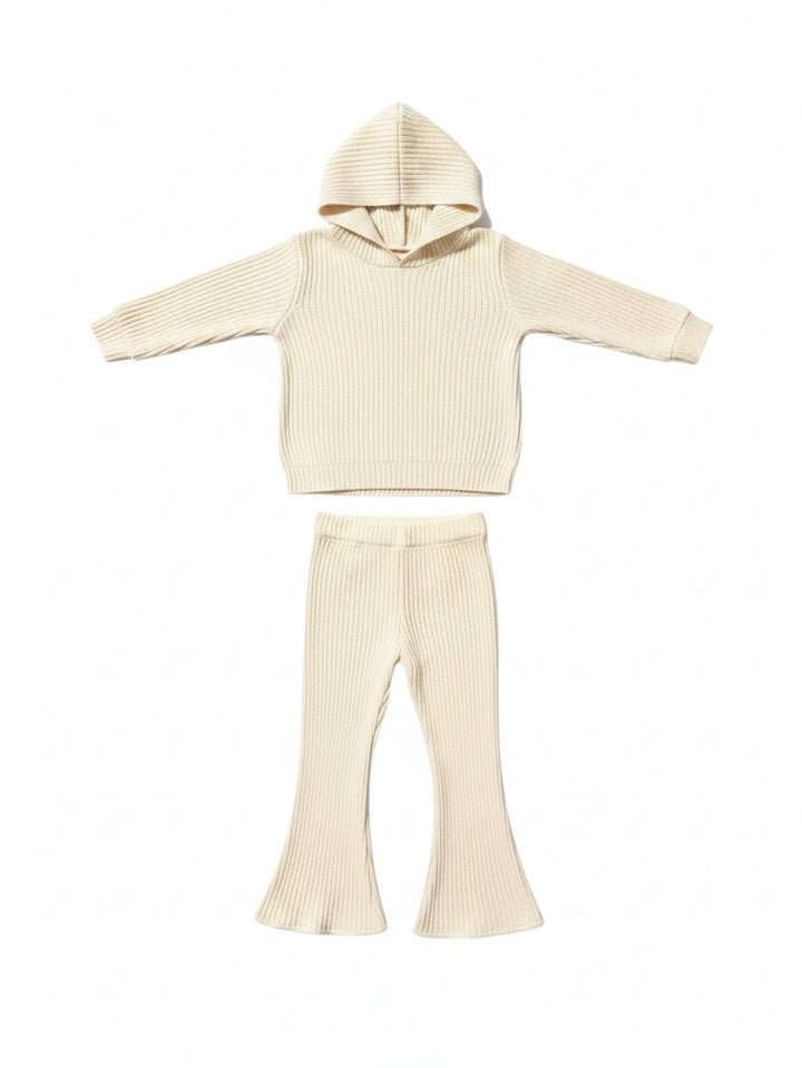 Mom & Me Boutique Lyla Set featuring a cream ribbed hooded long-sleeve shirt and matching flared leggings.