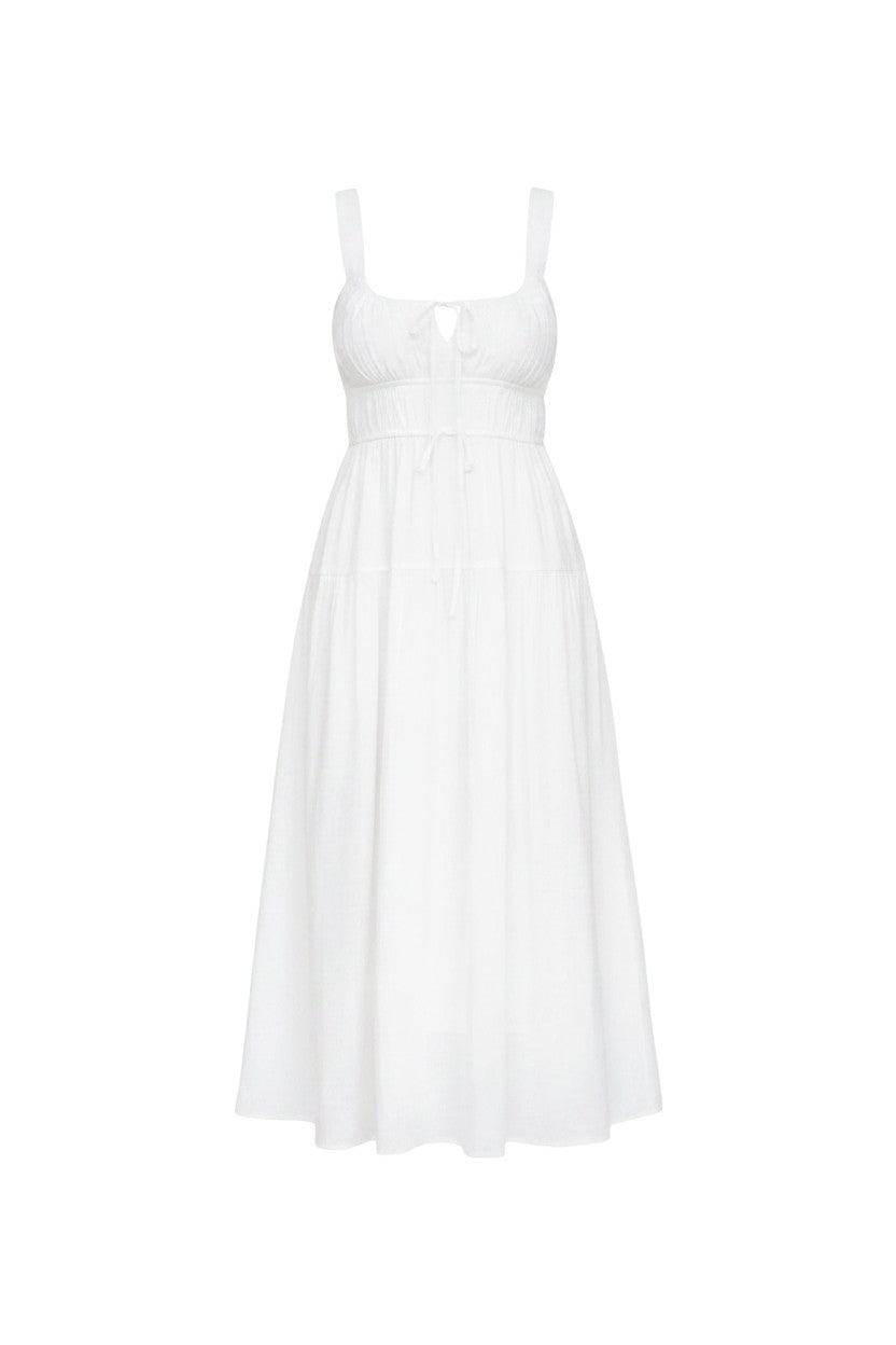 Mom & Me Boutique Lyra white sleeveless midi dress with a front tie keyhole detail and a gathered waist.