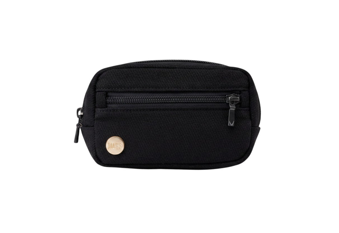 Mom & Me Boutique Mabe Monarch black cotton and linen accessory bag with front zipper pocket and gold logo detail