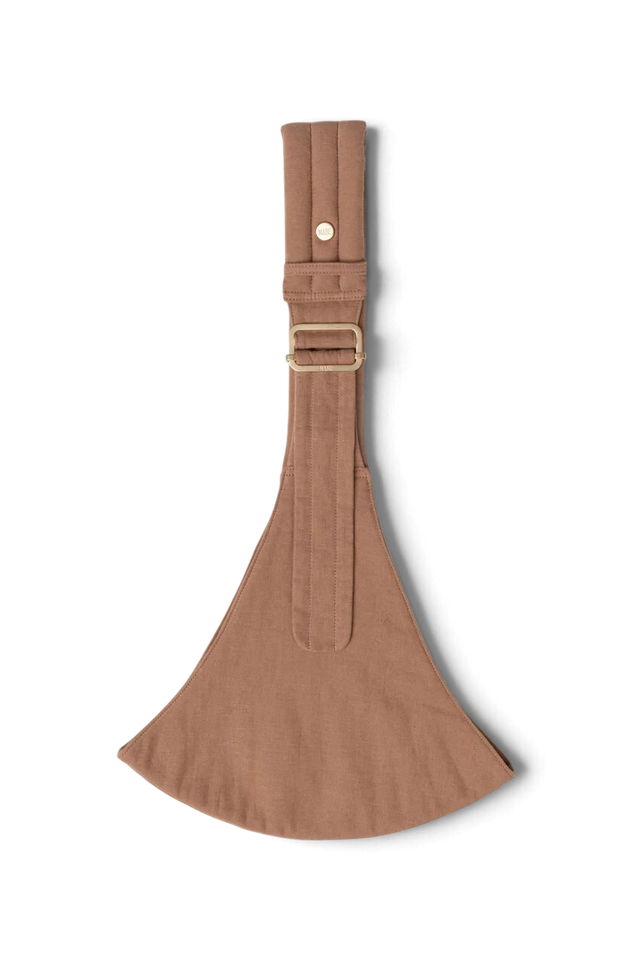 Mom & Me Boutique Mabe Monarch toddler hip sling in brown cotton and linen blend with gold-tone hardware