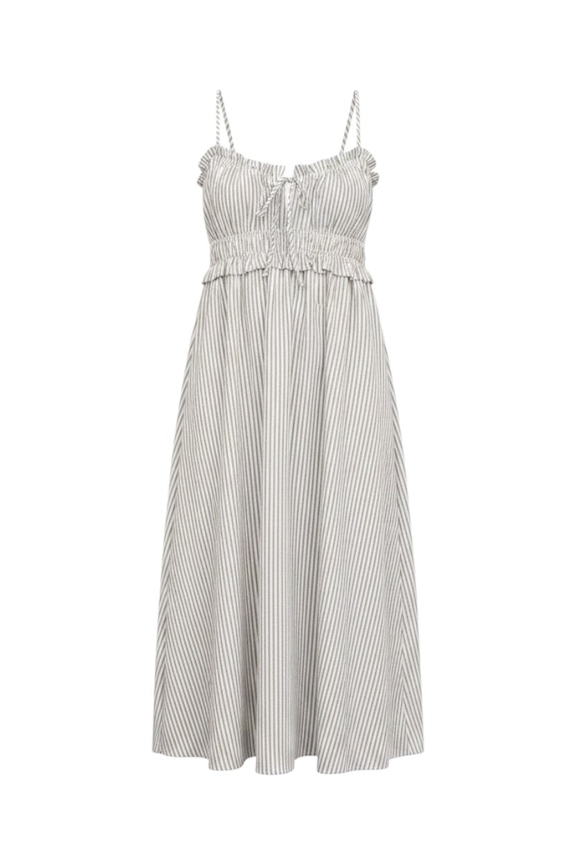 Mom & Me Boutique Maris striped midi dress with spaghetti straps, ruffled neckline, and shirred waist in grey and white