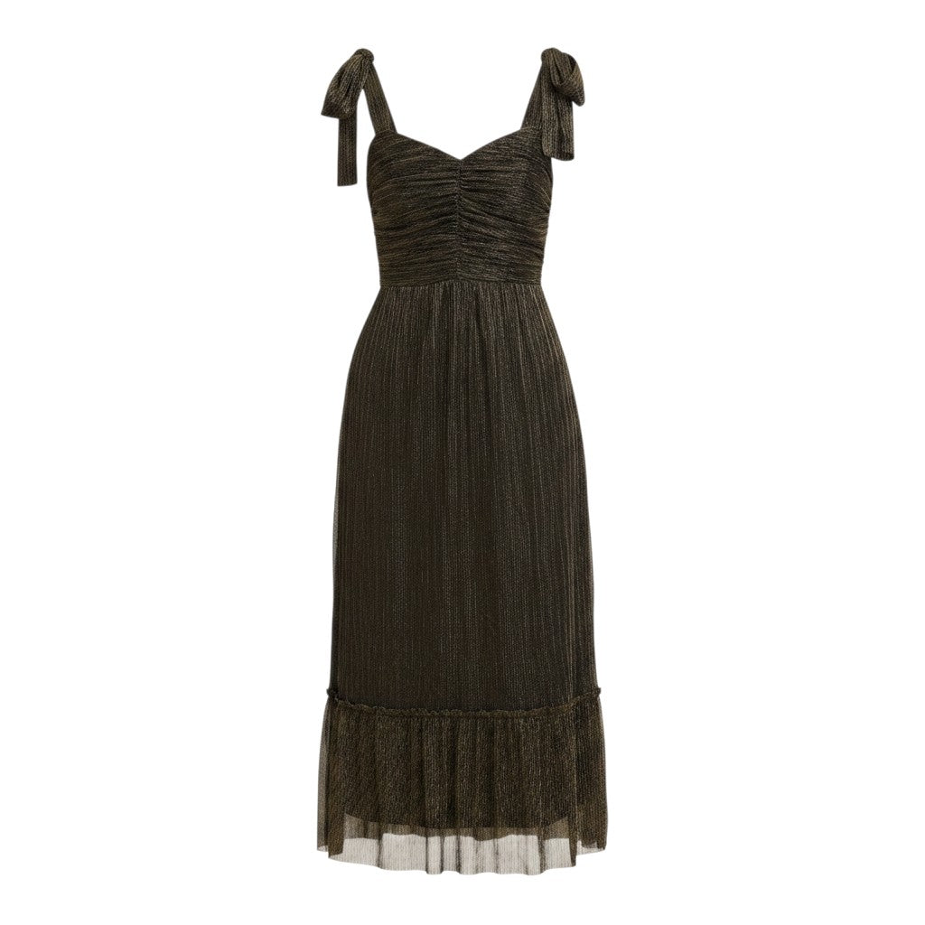 Mom & Me Boutique Marisol black and gold metallic mesh pleated midi dress with ribbon tie shoulder straps.
