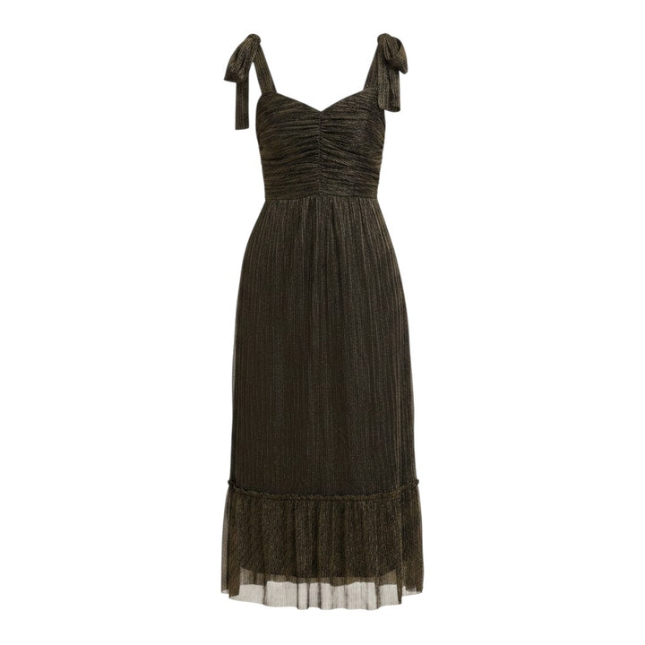 Mom & Me Boutique Marisol black and gold metallic mesh pleated midi dress with ribbon tie shoulder straps.