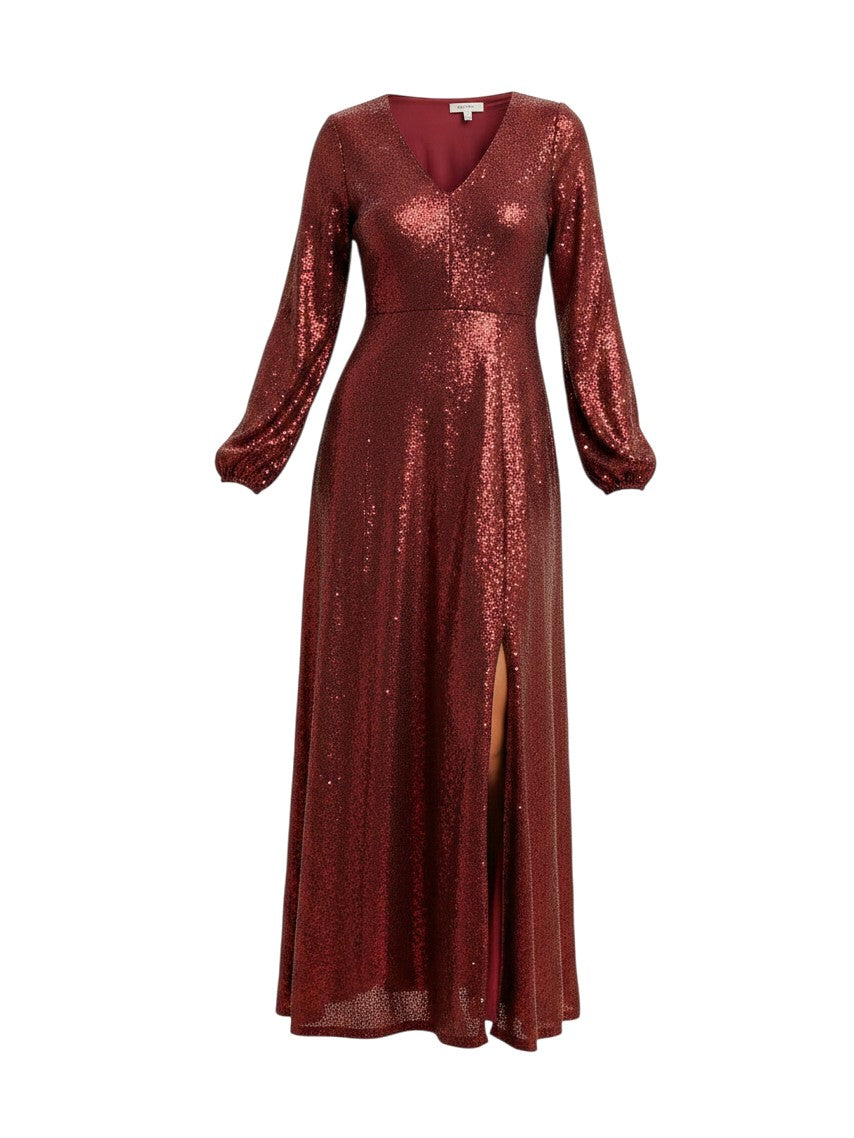 Mom & Me Boutique Marjorie sequin maxi dress in deep red with long sleeves, v-neckline, and a side leg slit.