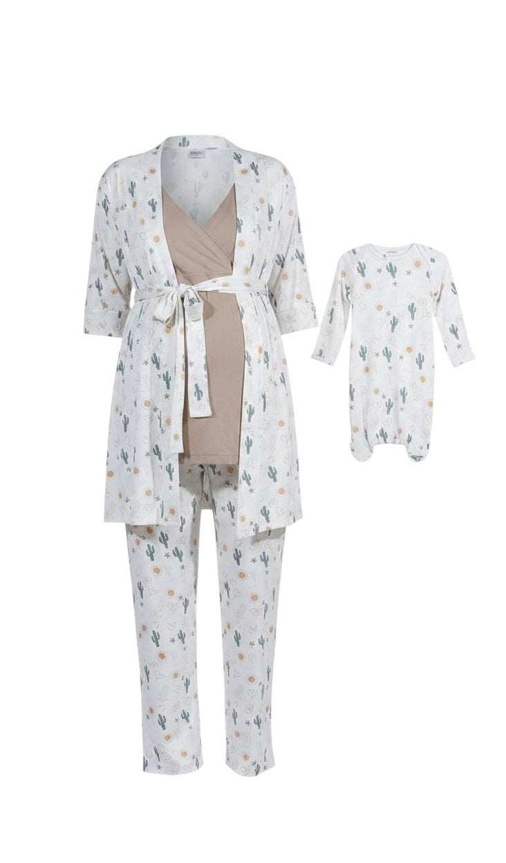 Mom & Me Boutique 5-piece maternity and baby matching set in white with cactus print, including robe, top, and pants.