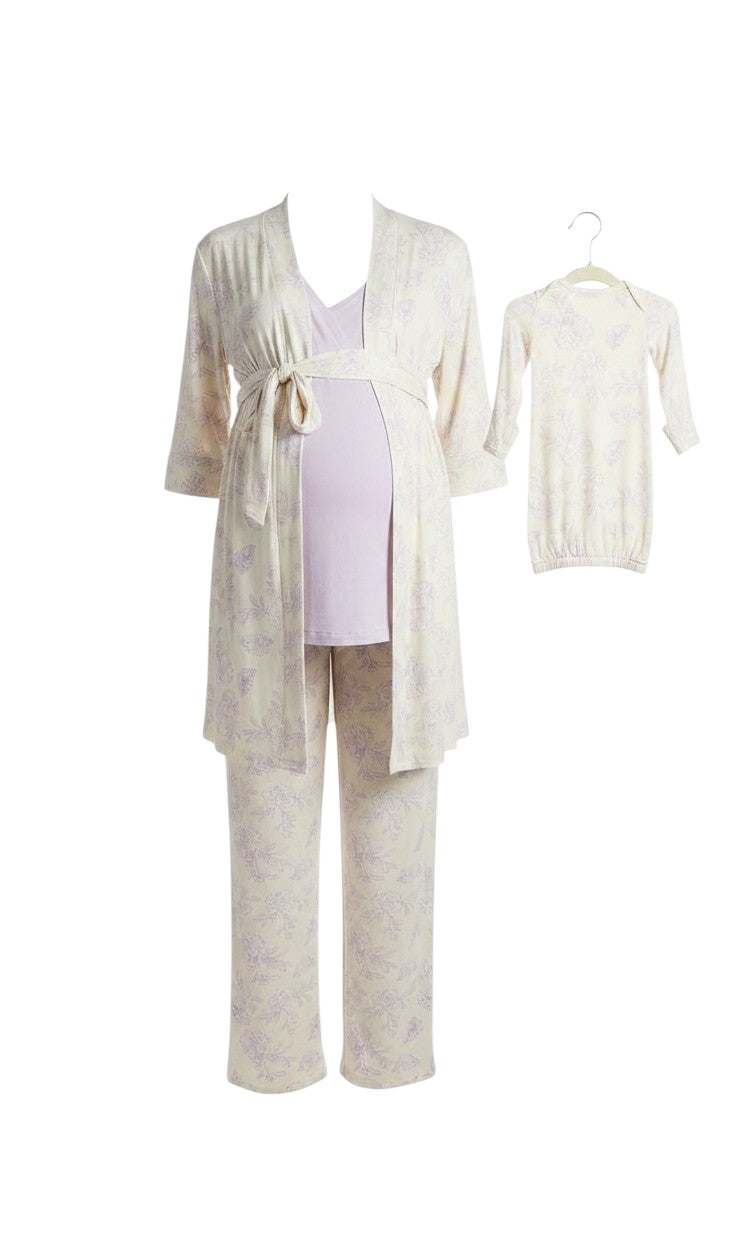 Mom & Me Boutique 5-piece maternity and baby loungewear set in cream with purple floral print and solid purple top.