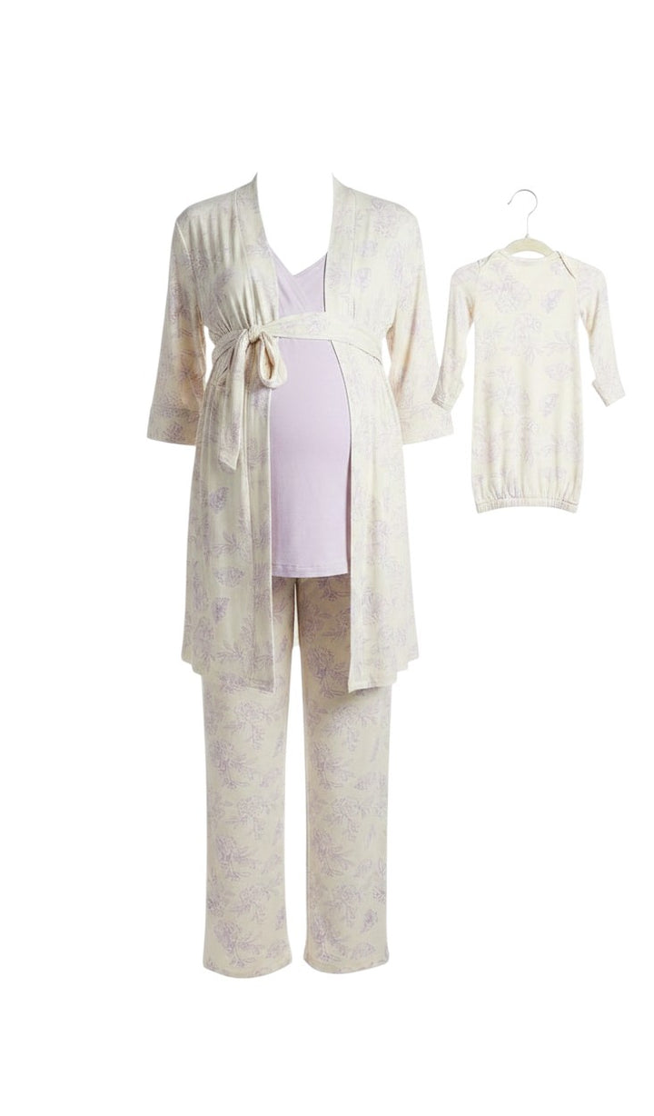 Mom & Me Boutique 5-piece maternity and baby loungewear set in cream with purple floral print and solid purple top.