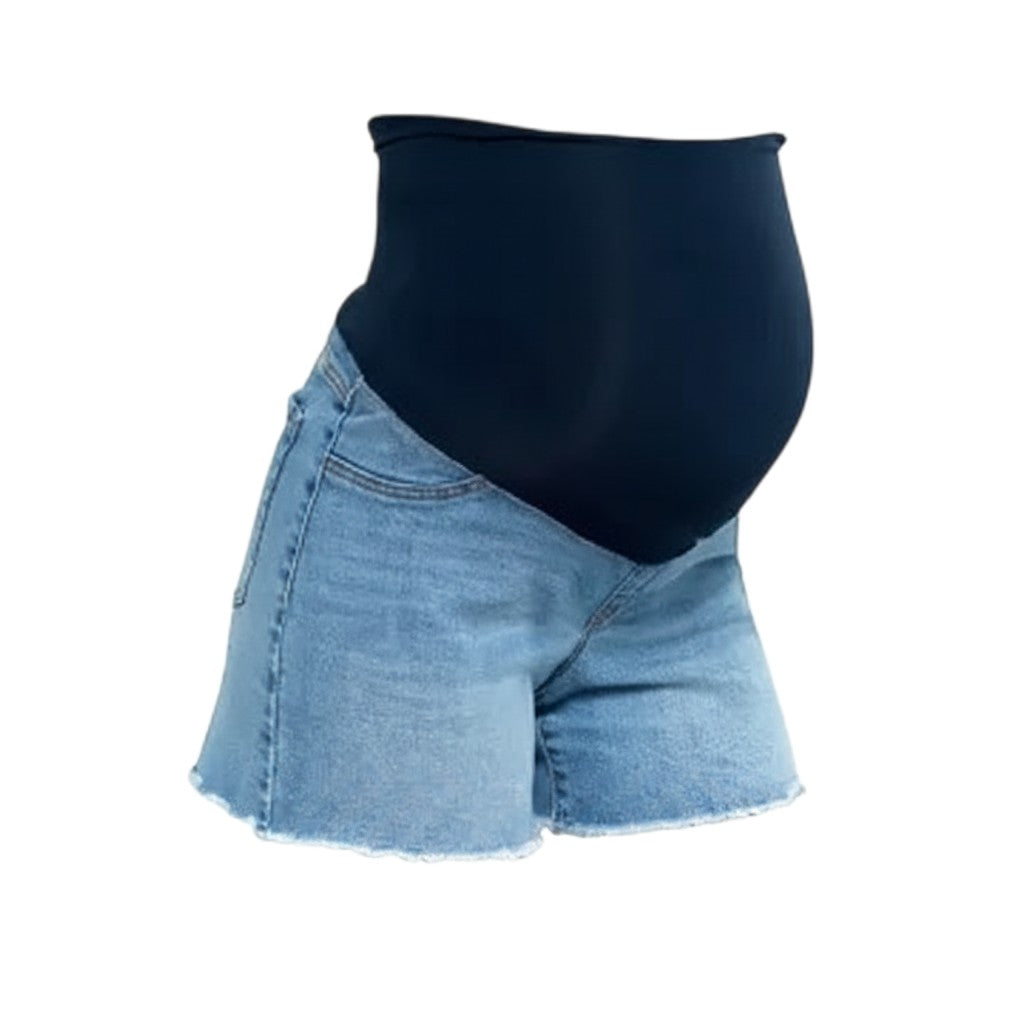 Mom & Me Boutique Jocelyn maternity dad jean shorts in medium wash denim with a comfortable black elastic bellyband