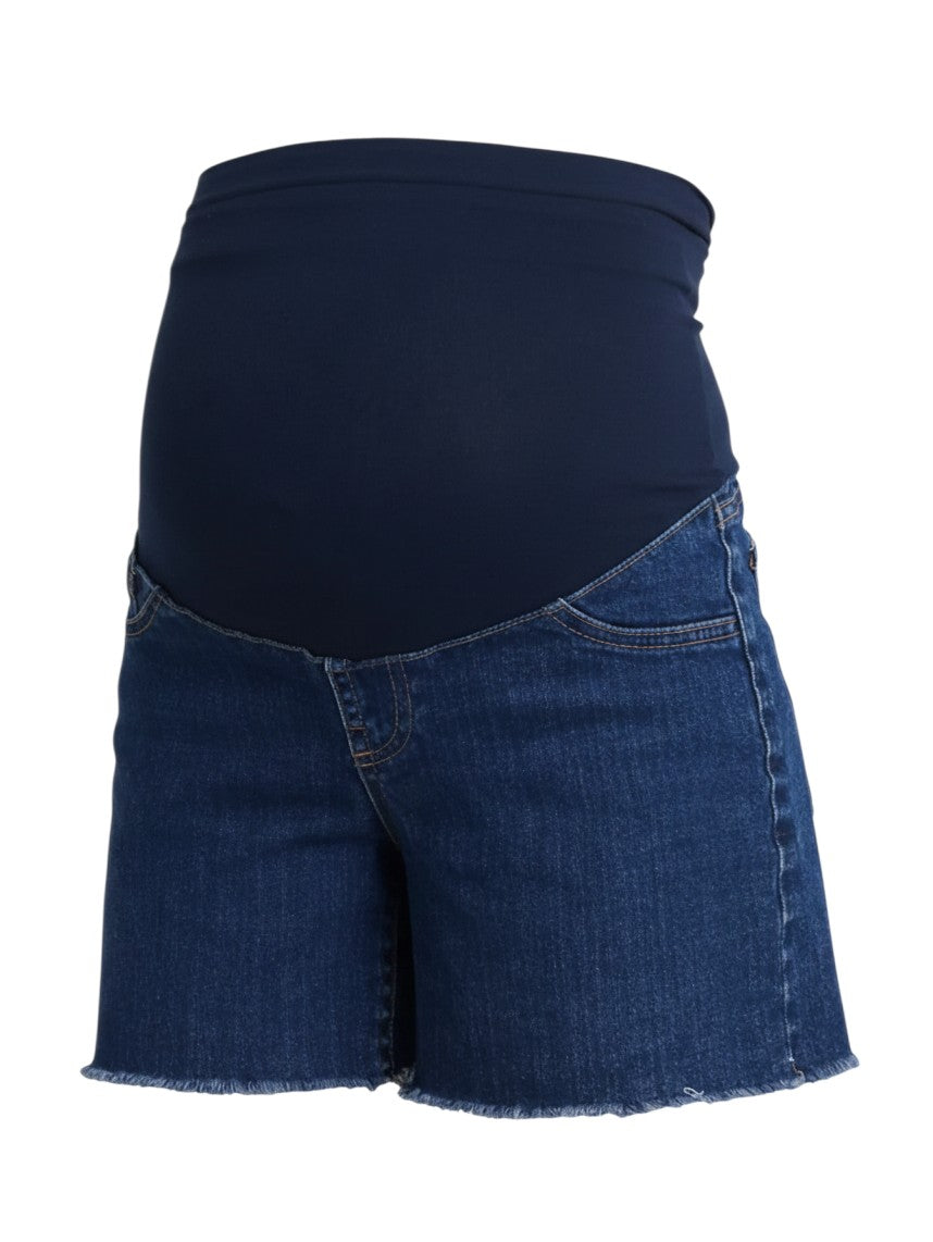 Mom & Me Boutique maternity dad jean shorts in dark wash denim with a comfortable navy elastic bellyband and raw hem.