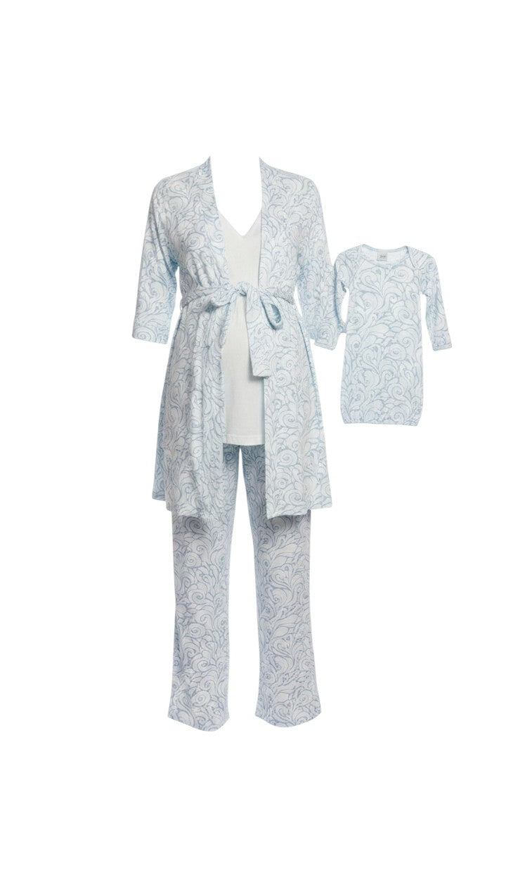 Mom & Me Boutique 5-piece maternity nursing set with matching baby gown and hat in blue wave print rayon spandex.